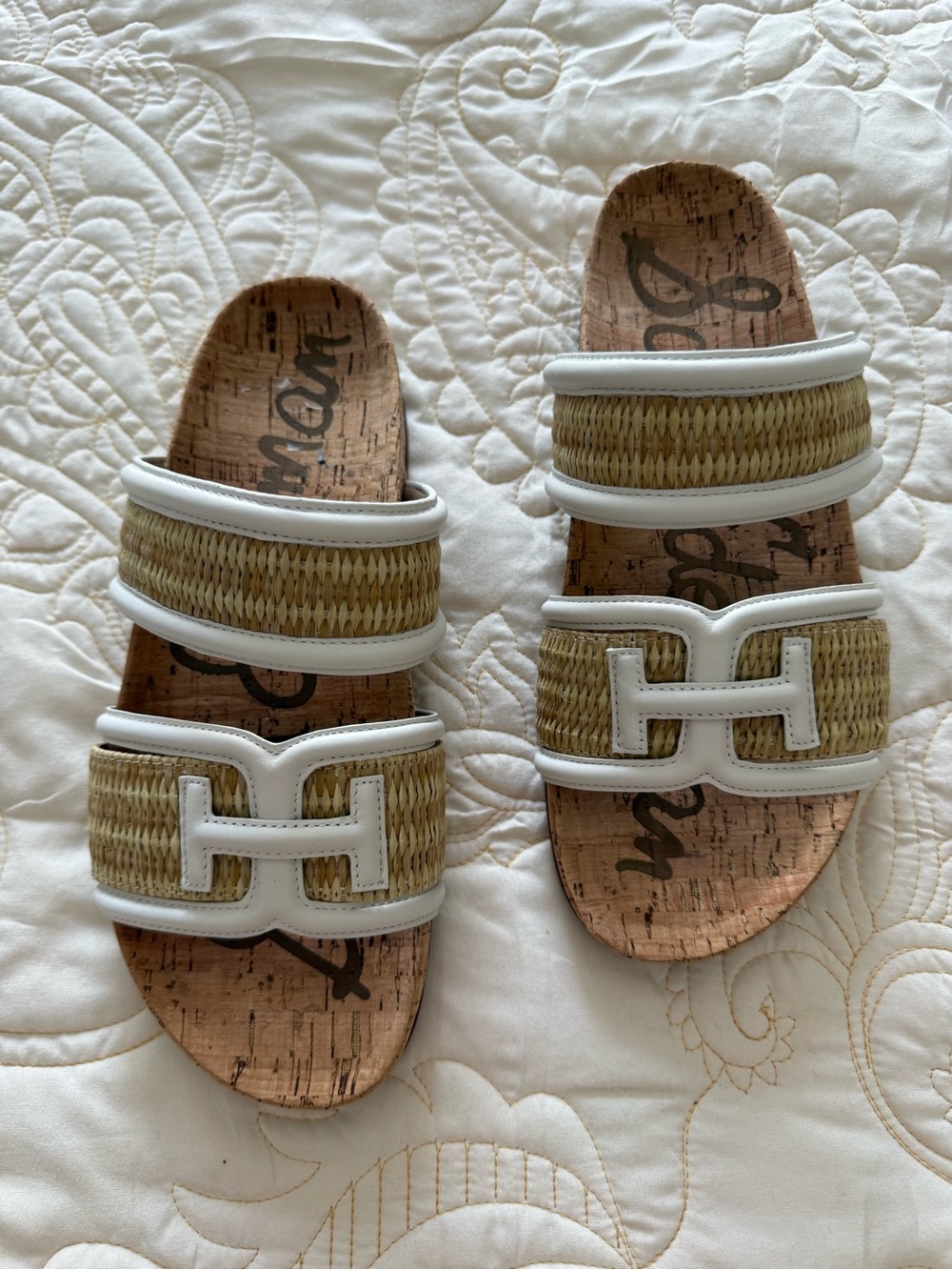 Sam Edelman White and Natural Raffia Slide Sandals